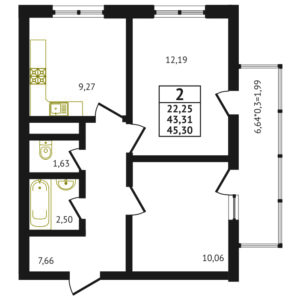2-комнатная квартира - 45.30 м2