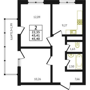 2-комнатная квартира - 45.40 м2