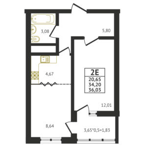 Евро 2-комнатная квартира - 36,03 м2
