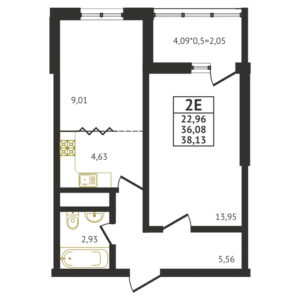 Евро 2-комнатная квартира - 38,13 м2