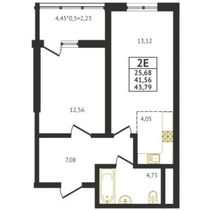 Евро 2-комнатная квартира - 43,79 м2