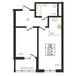 Евро 2-комнатная квартира - 44,06 м2