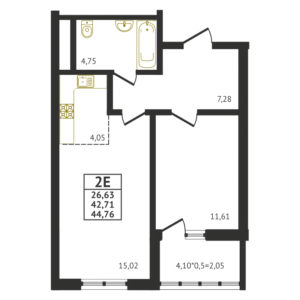 Евро 2-комнатная квартира - 44,76 м2