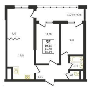 Евро 3-комнатная квартира - 55,54 м2
