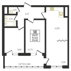 Евро 3-комнатная квартира - 55,45 м2